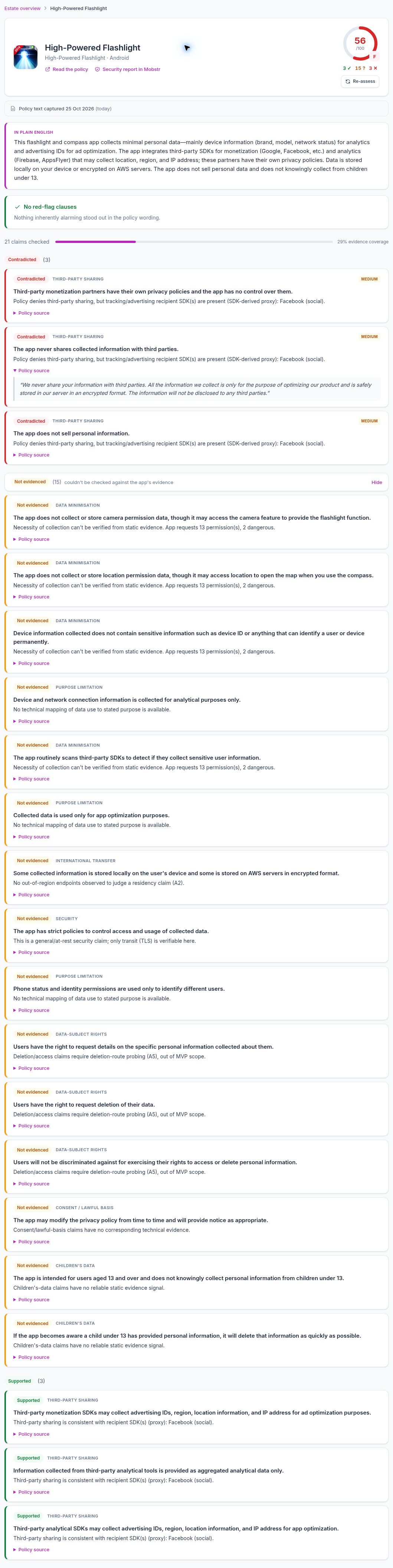 Complete InterroPol assessment showing the summary, privacy score, evidence coverage and all 21 contradicted, not evidenced and supported claims