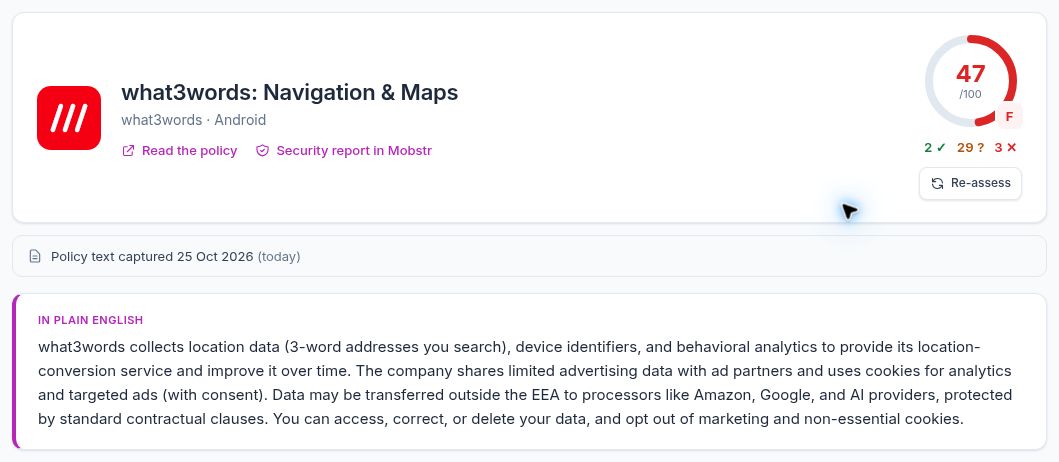 InterroPol application assessment with a privacy score, policy capture date, plain English summary and links to the policy and MobSTR security report