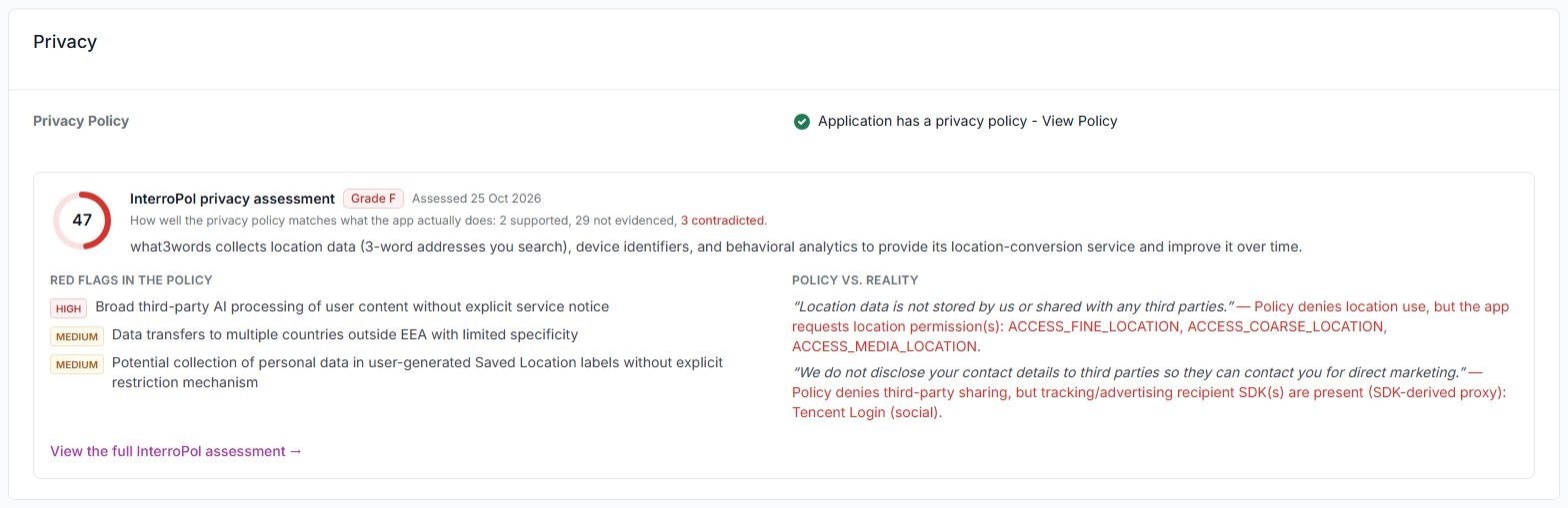 InterroPol score, policy summary and findings inside the privacy section of a MobSTR app report
